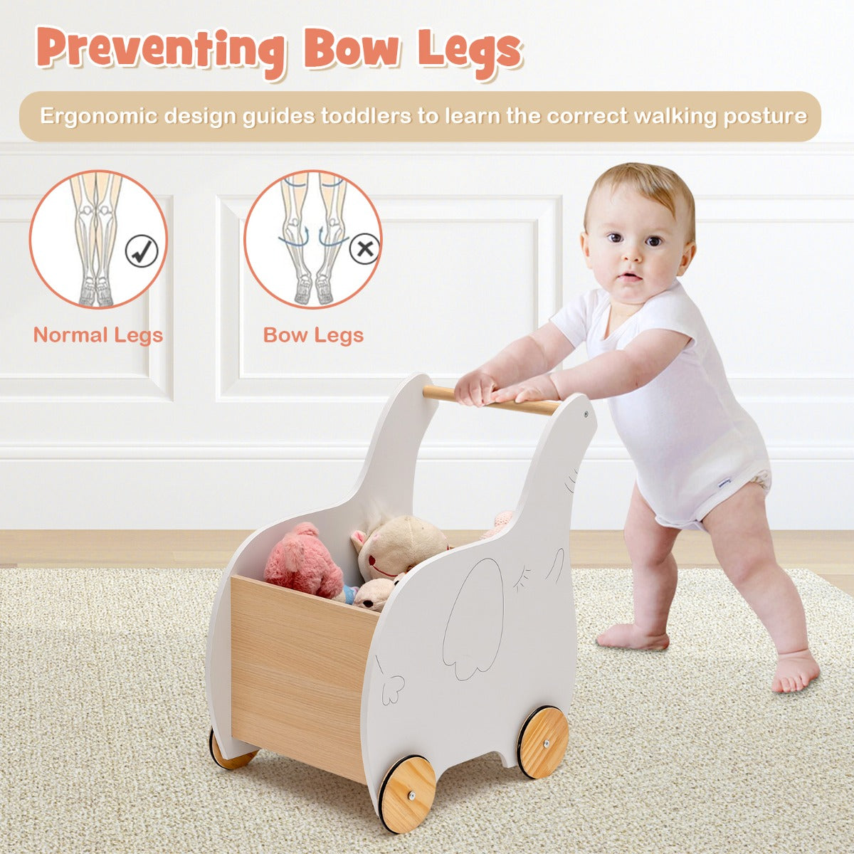 LIVSK Houten Kinderwinkelwagen - Opbergdoos - Rubber Wielen - Motorische Ontwikkeling - Voor Kinderen 1-3 jaar - Wit