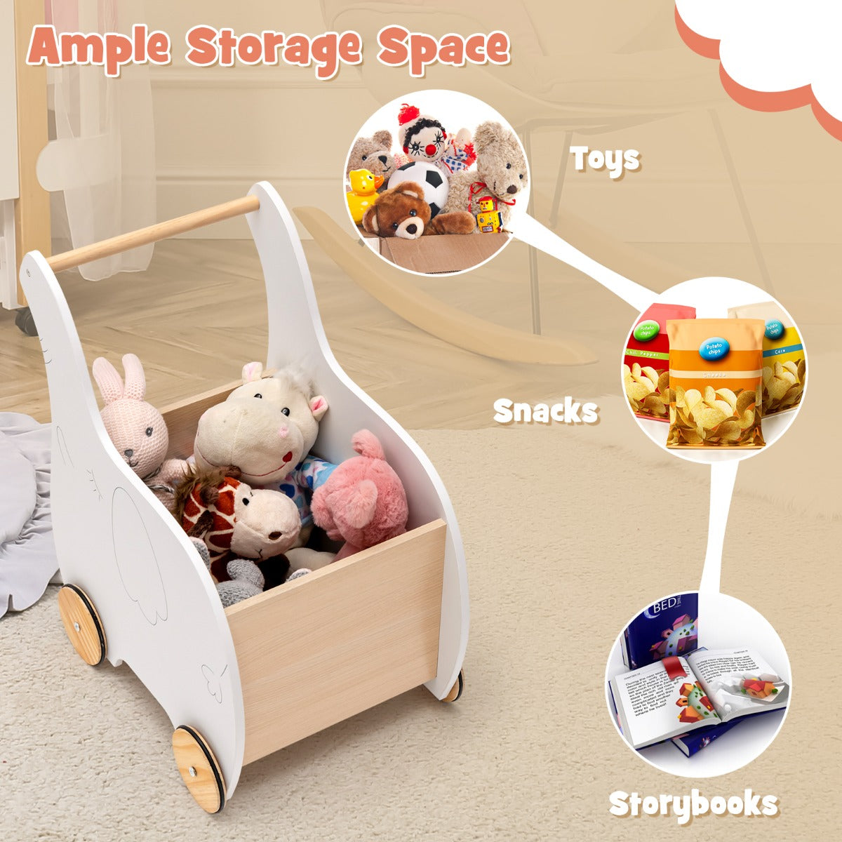 LIVSK Houten Kinderwinkelwagen - Opbergdoos - Rubber Wielen - Motorische Ontwikkeling - Voor Kinderen 1-3 jaar - Wit
