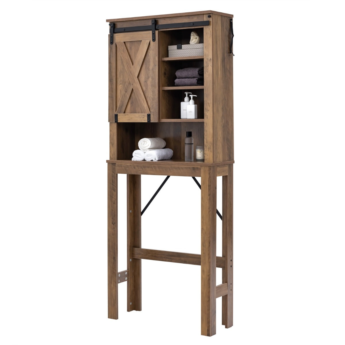 LIVSK Badkameropbergkast - Vrijstaand met Schuifdeur - Verstelbare Planken - Antislipvoeten - 67 x 25 x 172 cm - Retrogrijs