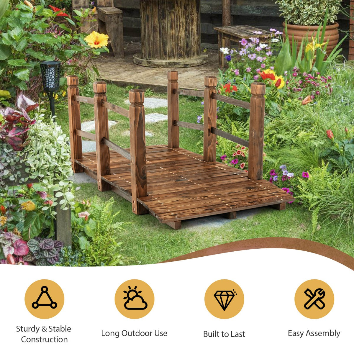 LIVSK Houten Tuinbrug - Decoratieve Brug met Leuningen - Duurzaam Sparrenhout - 150 x 67 x 55 cm - Behandeld Hout