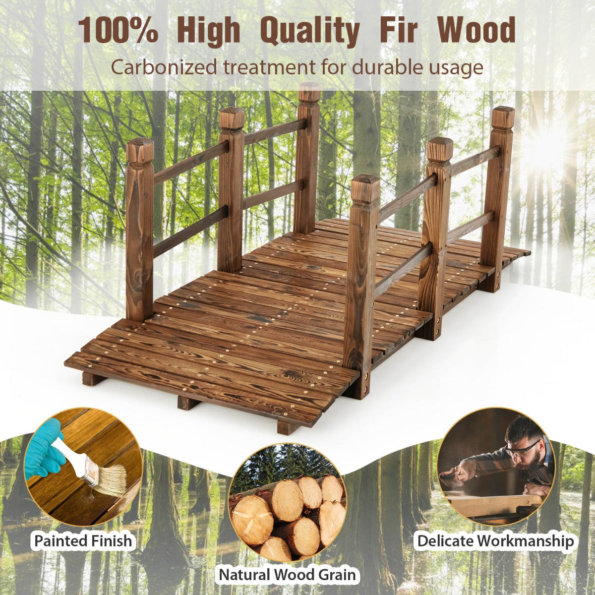 LIVSK Houten Tuinbrug - Decoratieve Brug met Leuningen - Duurzaam Sparrenhout - 150 x 67 x 55 cm - Behandeld Hout
