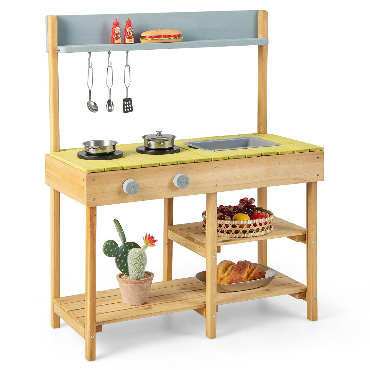 LIVSK Kindermatskeuken Speelset - 2 Fornuizen - Afneembare Gootsteen - Duurzaam Dennenhout - Voor Kinderen 3+ - Natuur + Blauw +