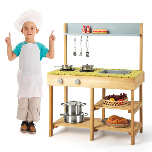 LIVSK Kindermatskeuken Speelset - 2 Fornuizen - Afneembare Gootsteen - Duurzaam Dennenhout - Voor Kinderen 3+ - Natuur + Blauw +