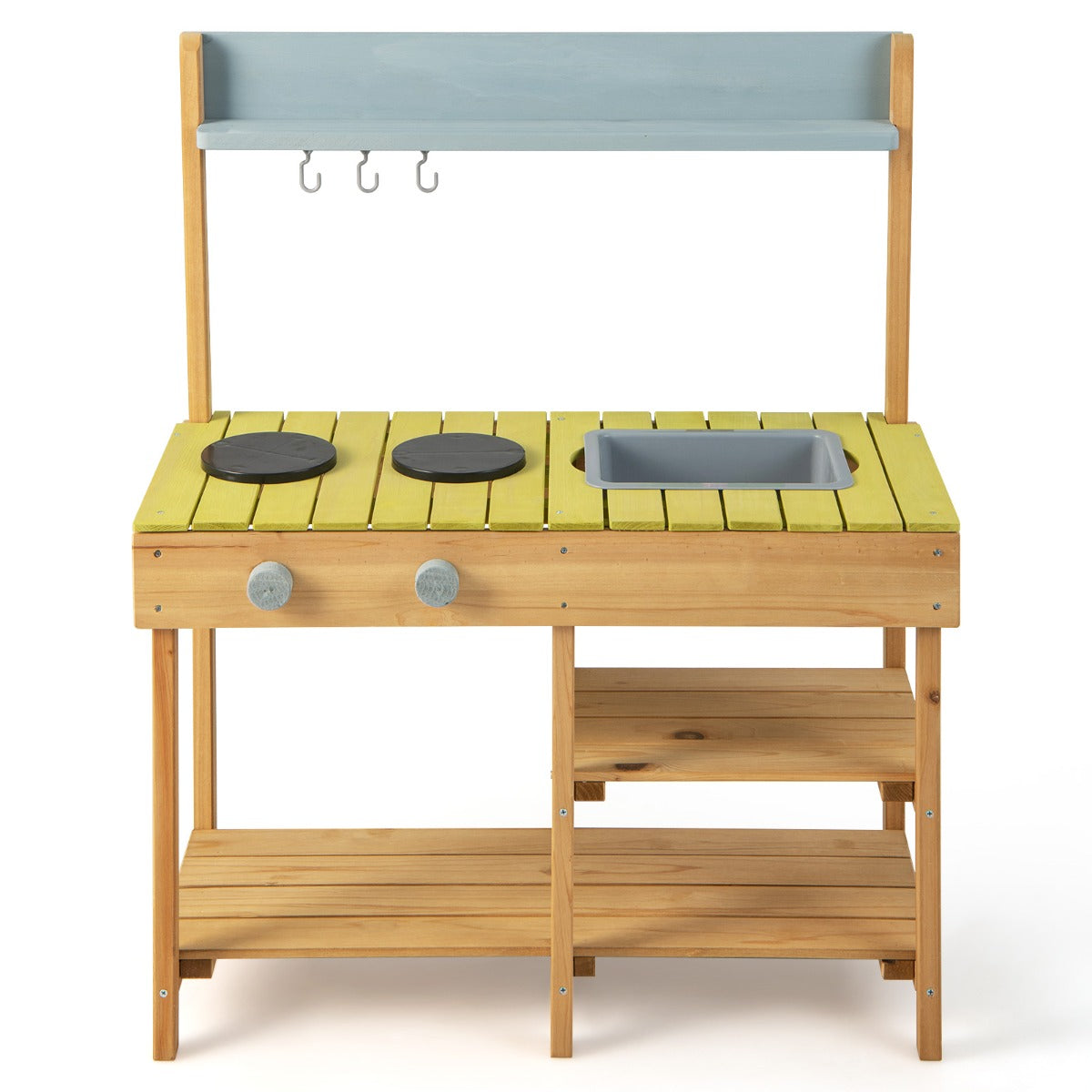 LIVSK Kindermatskeuken Speelset - 2 Fornuizen - Afneembare Gootsteen - Duurzaam Dennenhout - Voor Kinderen 3+ - Natuur + Blauw +