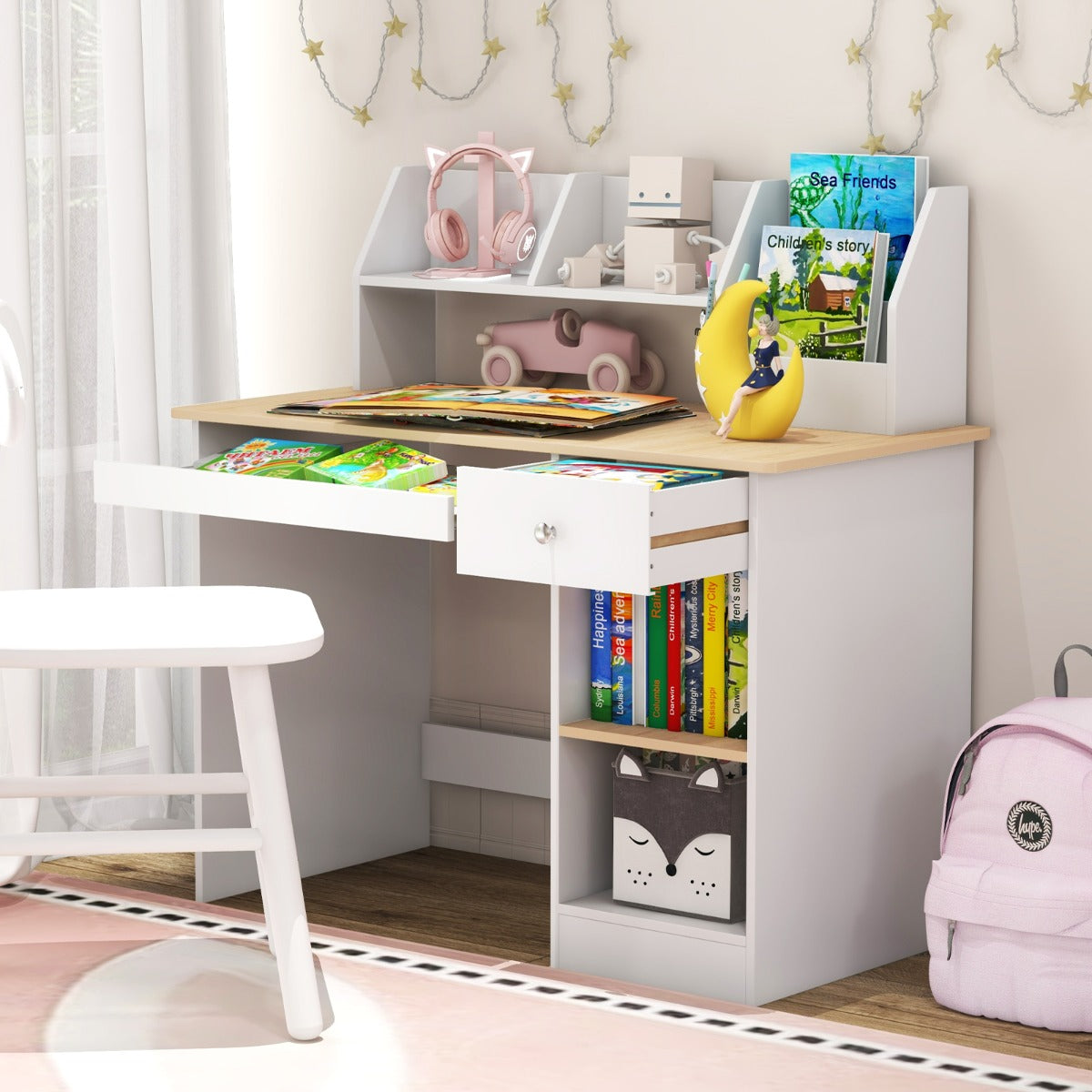 LIVSK Studietafel voor Kinderen - Veelzijdig Design met Opbergruimte - Waterdicht en Veilig - 90 x 45 x 90 cm - Wit