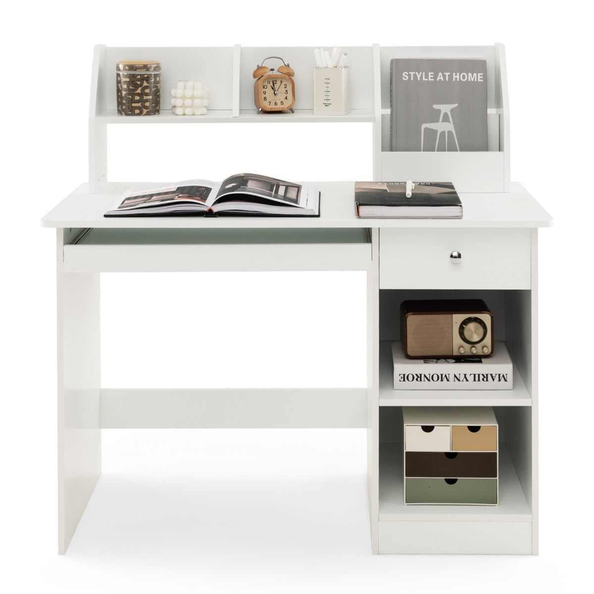 LIVSK Bureautafel voor Kinderen - Toetsenbordlade - Boekenkast - Opbergplanken - Compact 90 x 45 x 90 cm - Wit