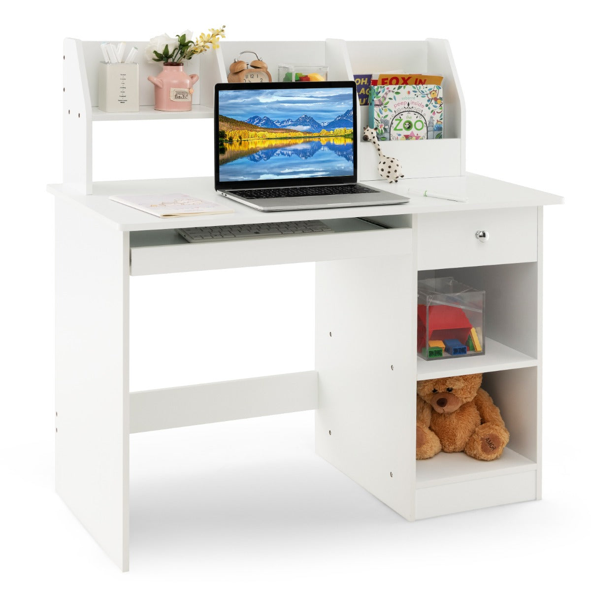 LIVSK Bureautafel voor Kinderen - Toetsenbordlade - Boekenkast - Opbergplanken - Compact 90 x 45 x 90 cm - Wit