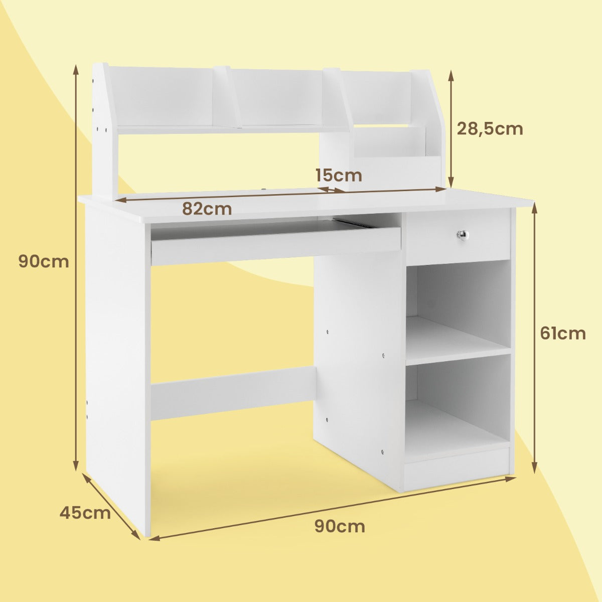 LIVSK Bureautafel voor Kinderen - Toetsenbordlade - Boekenkast - Opbergplanken - Compact 90 x 45 x 90 cm - Wit