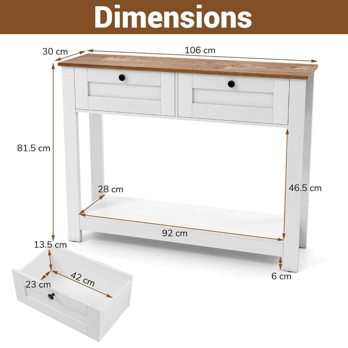 Livsk costway houten console tafel met 2 lades 2 niveaus smalle hal tafel entreetafel bijzettafel wit
