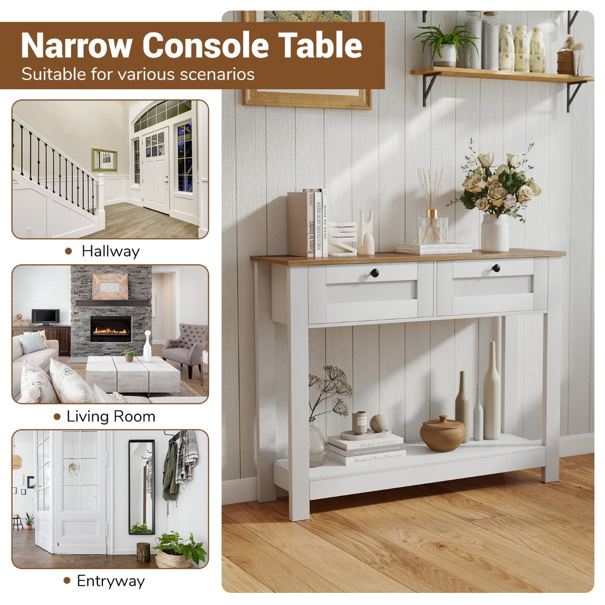Livsk costway houten console tafel met 2 lades 2 niveaus smalle hal tafel entreetafel bijzettafel wit