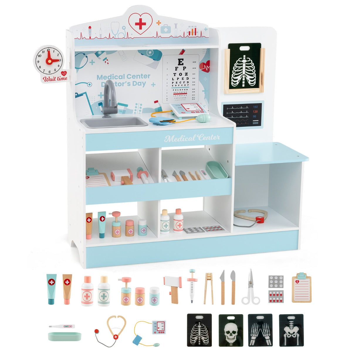 LIVSK Houten Dokterspeelset - 24 Accessoires - Interactief Medisch Centrum - Veilig Ontwerp - 97 x 30,5 x 88 cm - Blauw