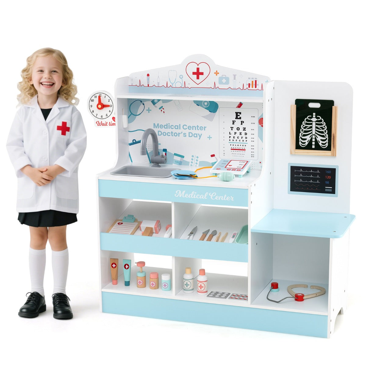 LIVSK Houten Dokterspeelset - 24 Accessoires - Interactief Medisch Centrum - Veilig Ontwerp - 97 x 30,5 x 88 cm - Blauw