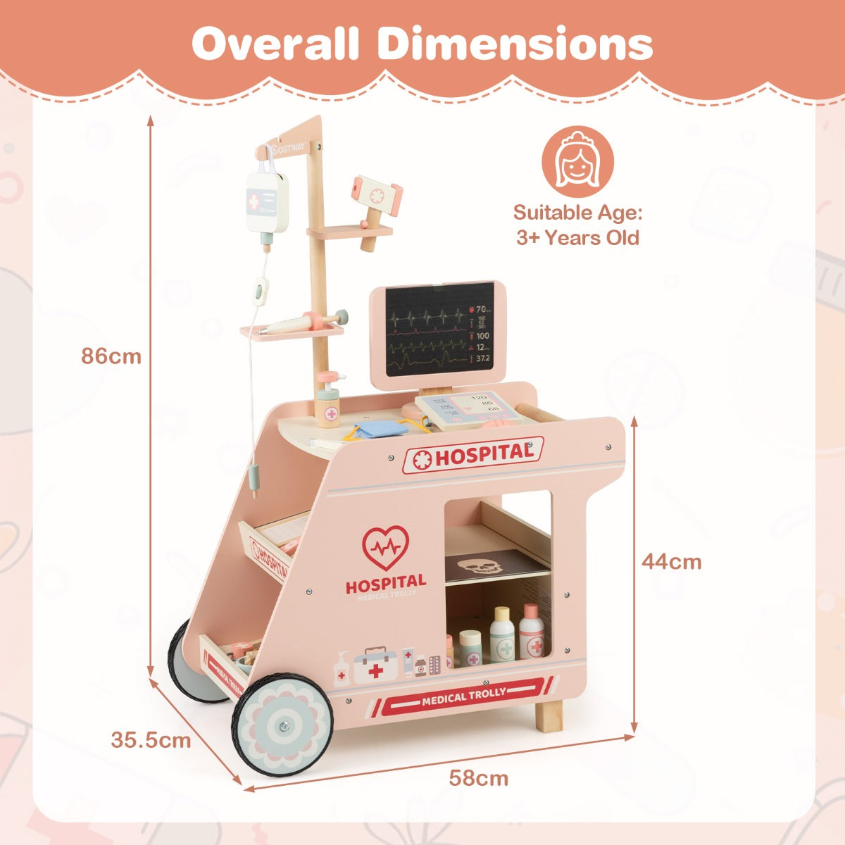 Livsk costway houten dokterswagen doktersset voor kinderen om rollenspel te spelen met wagen ct scanner en stethoscoop mobiel medisch speelgoed met accessoires 1