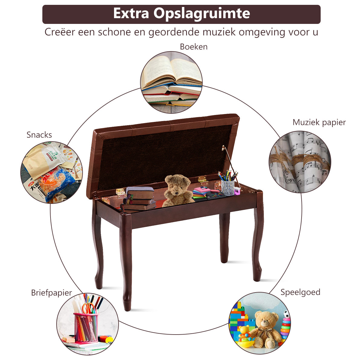 LIVSK Pianobank - Massief Hout - Gepolsterd Lederen Zitting - Opbergvak - 75 x 35 x 49 cm - Bruin