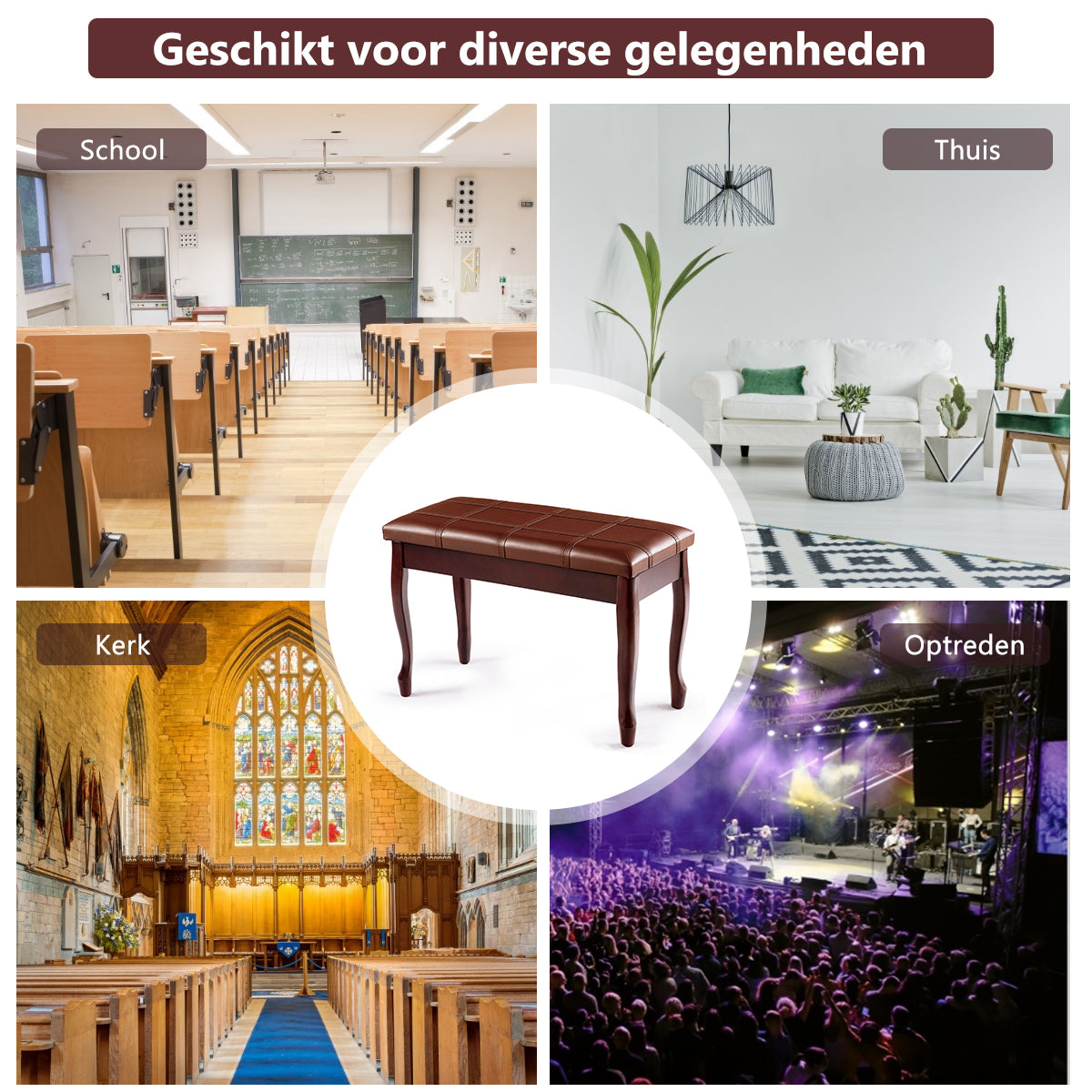 LIVSK Pianobank - Massief Hout - Gepolsterd Lederen Zitting - Opbergvak - 75 x 35 x 49 cm - Bruin