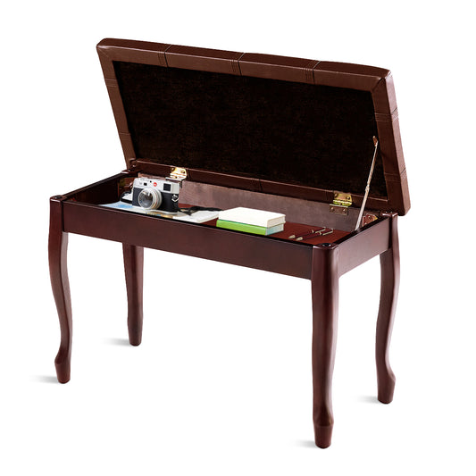 LIVSK Pianobank - Massief Hout - Gepolsterd Lederen Zitting - Opbergvak - 75 x 35 x 49 cm - Bruin