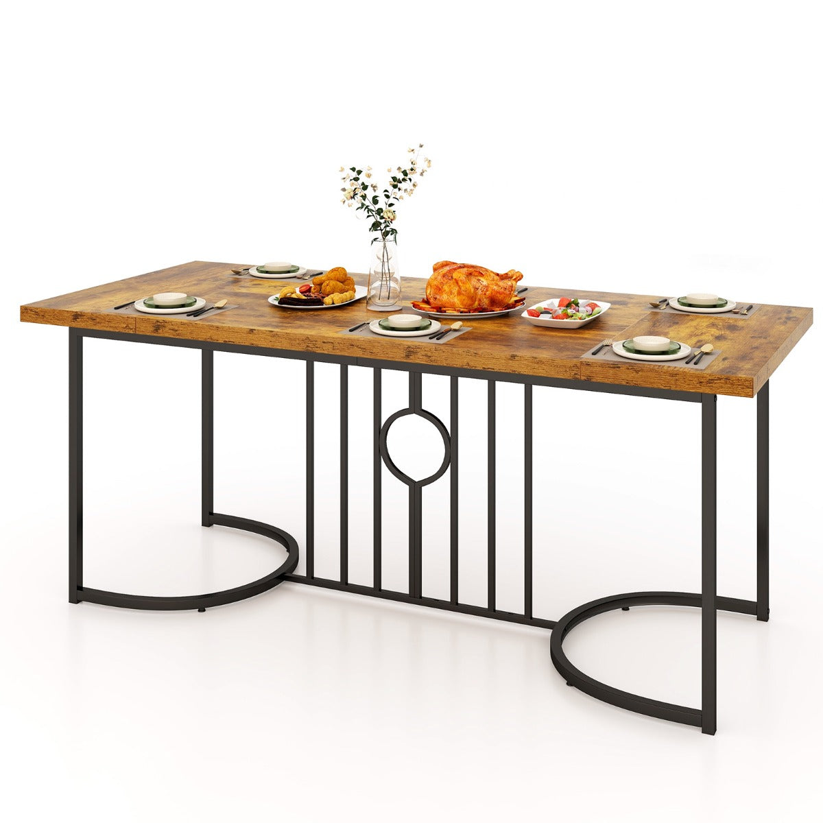 Livsk costway houten eettafel van 180 cm voor 6 8 personen rechthoekige keukentafel in landelijke stijl met houten blad metalen frame capaciteit 135 kg