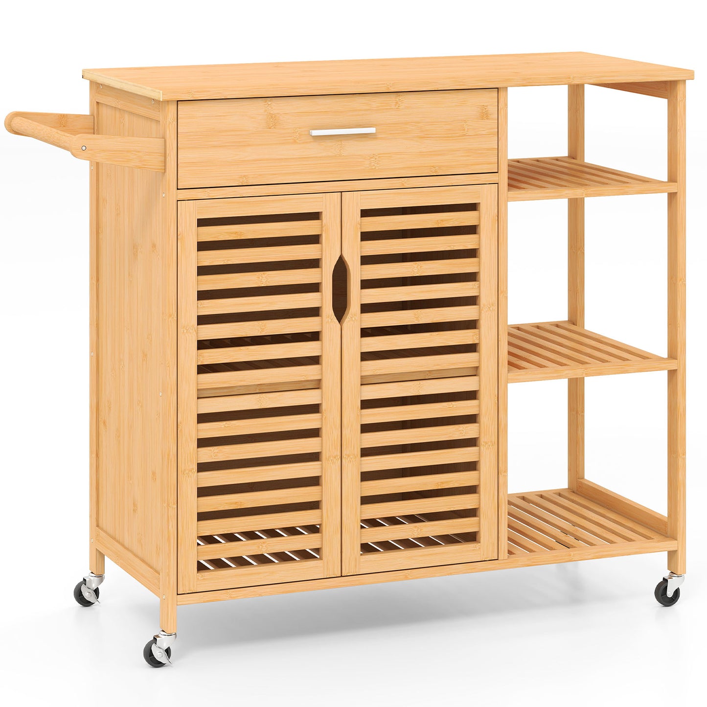 LIVSK Houten Keukentrolley met Wielen - Werkblad, Lade en Kast - Duurzaam Bamboe - 104 x 40 x 89 cm - Natuurlijk