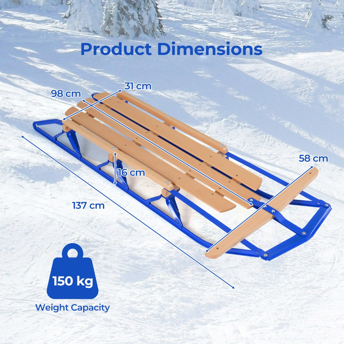 Livsk costway houten en stalen slee met schaatsen en stuurstang slee voor sneeuwbelasting 150kg geschikt voor volwassenen en kinderen vanaf 5 jaar blauw 1 1