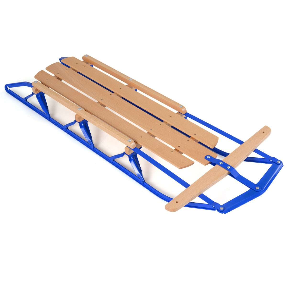 Livsk costway houten en stalen slee met schaatsen en stuurstang slee voor sneeuwbelasting 150kg geschikt voor volwassenen en kinderen vanaf 5 jaar blauw