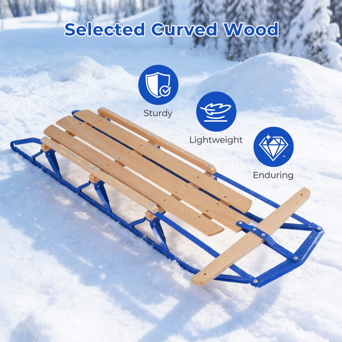 Livsk costway houten en stalen slee met schaatsen en stuurstang slee voor sneeuwbelasting 150kg geschikt voor volwassenen en kinderen vanaf 5 jaar blauw 2