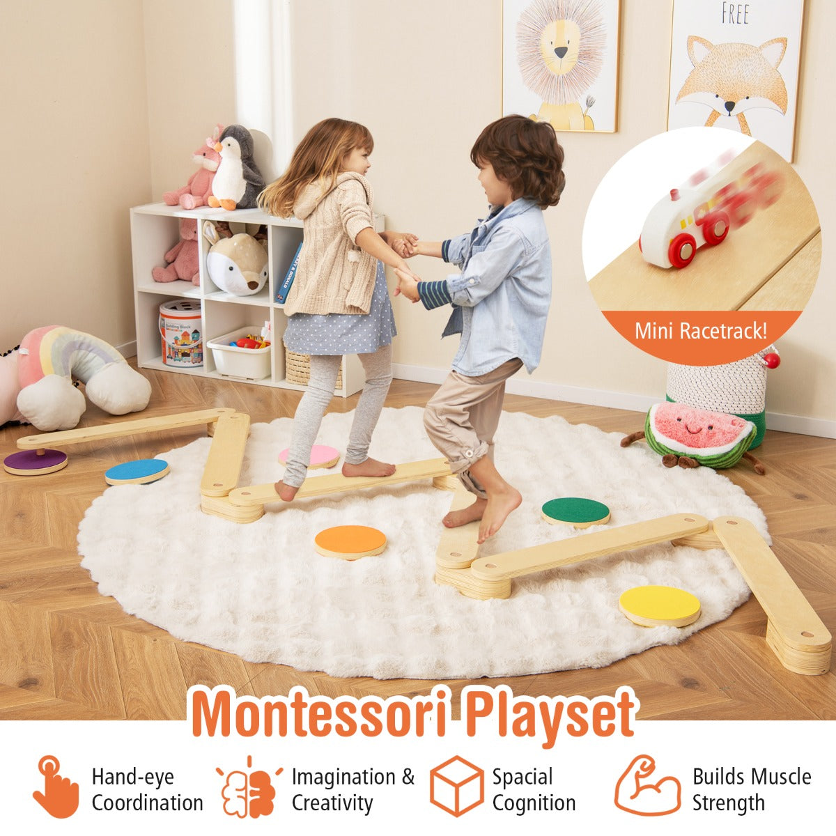 LIVSK Montessori Balansset - Evenwichtsbalken en Stapstenen - Creatieve Coördinatie - Kindveilig - Voor Binnen en Buiten - Naturel