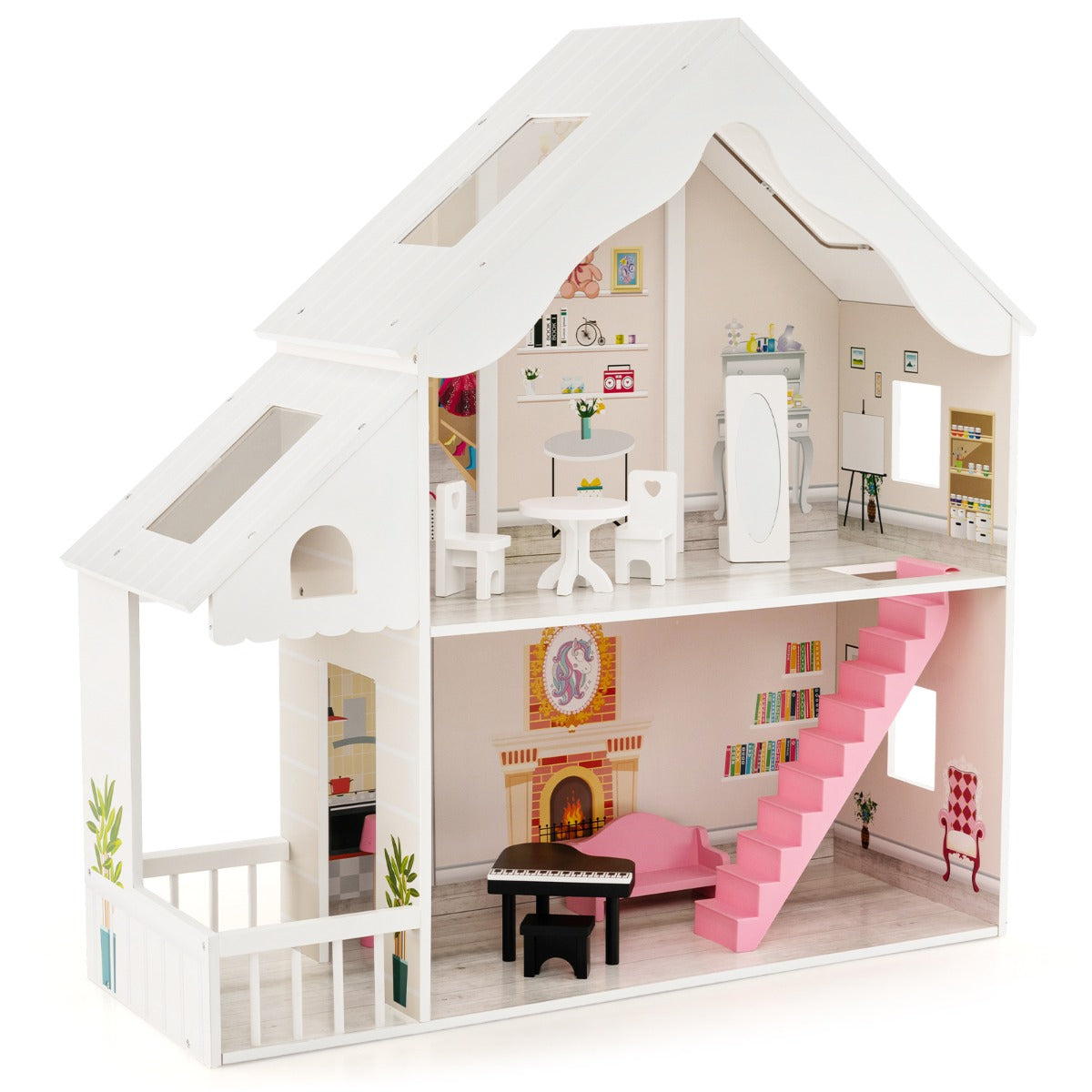 LIVSK Houten Poppenhuis - 2 Verdiepingen met Meubels en Accessoires - Educatief en Duurzaam - Voor Kinderen vanaf 3 jaar - Wit