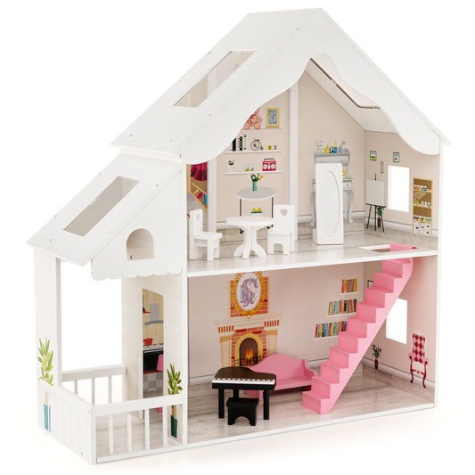LIVSK Houten Poppenhuis - 2 Verdiepingen met Meubels en Accessoires - Educatief en Duurzaam - Voor Kinderen vanaf 3 jaar - Wit