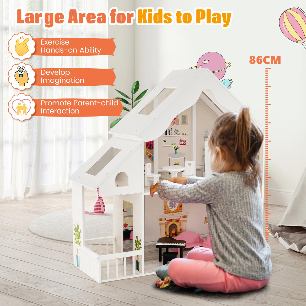LIVSK Houten Poppenhuis - 2 Verdiepingen met Meubels en Accessoires - Educatief en Duurzaam - Voor Kinderen vanaf 3 jaar - Wit