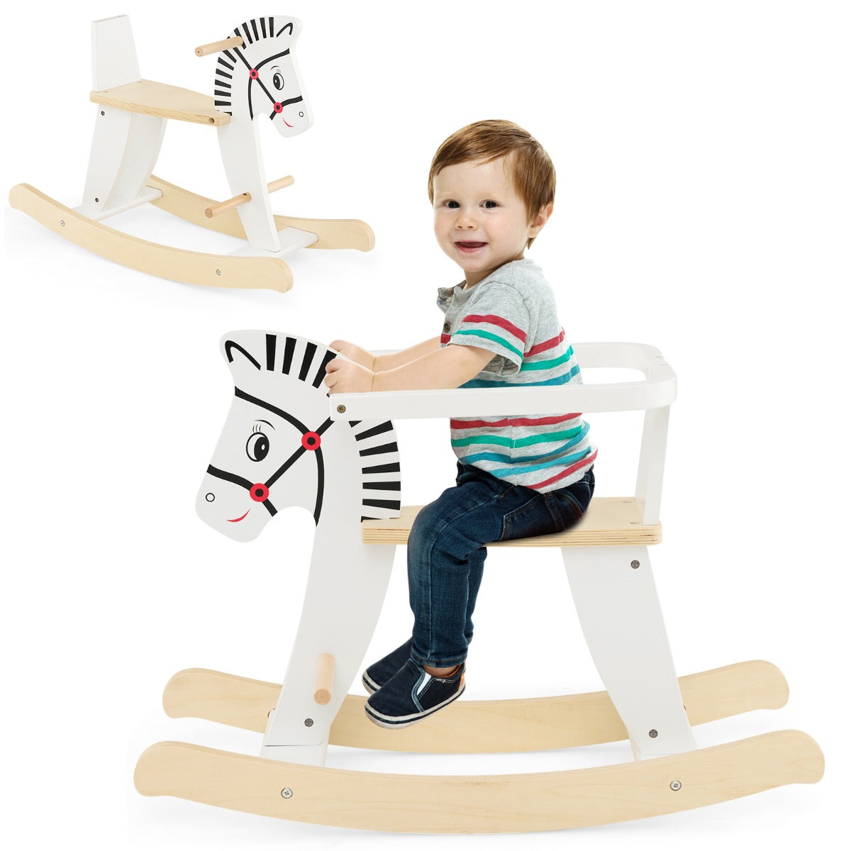 LIVSK Houten Hobbelpaard - Afneembare Leuning - Duurzaam Massief Hout en MDF - Voor Kinderen vanaf 3 Jaar - 68 x 27 x 48 cm - Wit