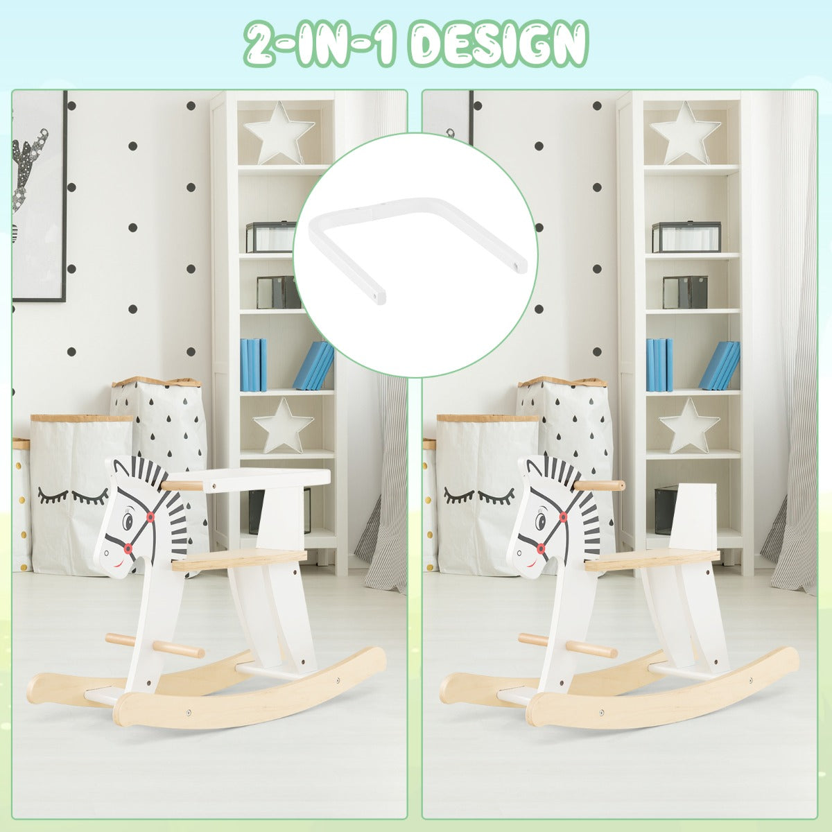 LIVSK Houten Hobbelpaard - Afneembare Leuning - Duurzaam Massief Hout en MDF - Voor Kinderen vanaf 3 Jaar - 68 x 27 x 48 cm - Wit