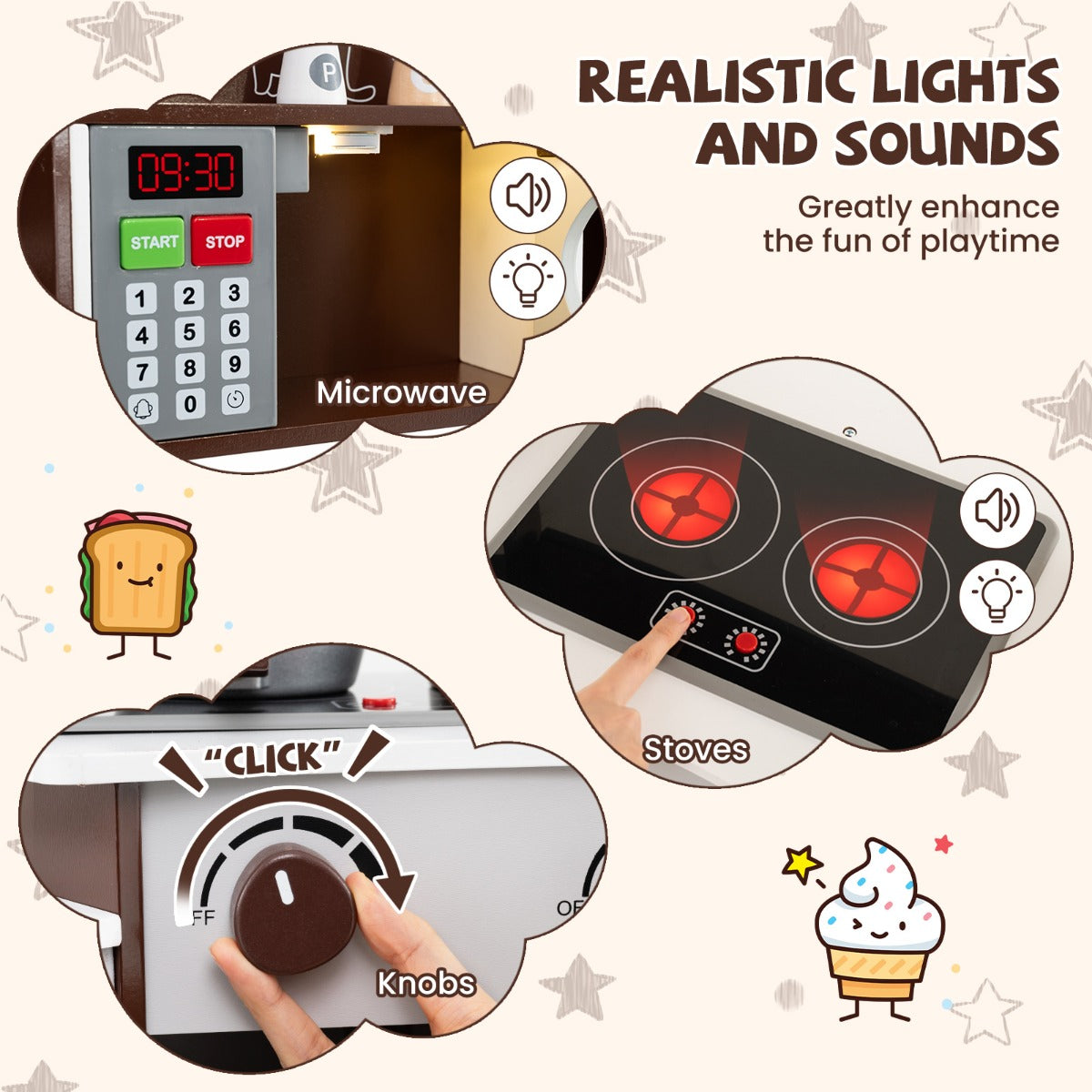 LIVSK Houten Speelhoekkeuken - Magnetron & Fornuizen met Licht en Geluid - Interactief Koffiezetten - Bruin/Roze/Wit