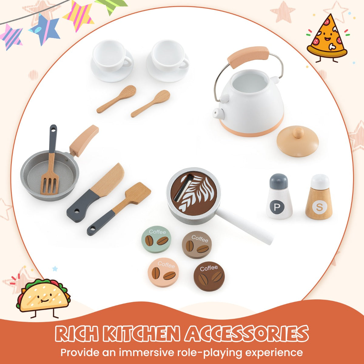 LIVSK Houten Speelhoekkeuken - Magnetron en Fornuizen met Licht en Geluid - Koffiezetapparaat en Accessoires - 105 x 30 x 95 cm -
