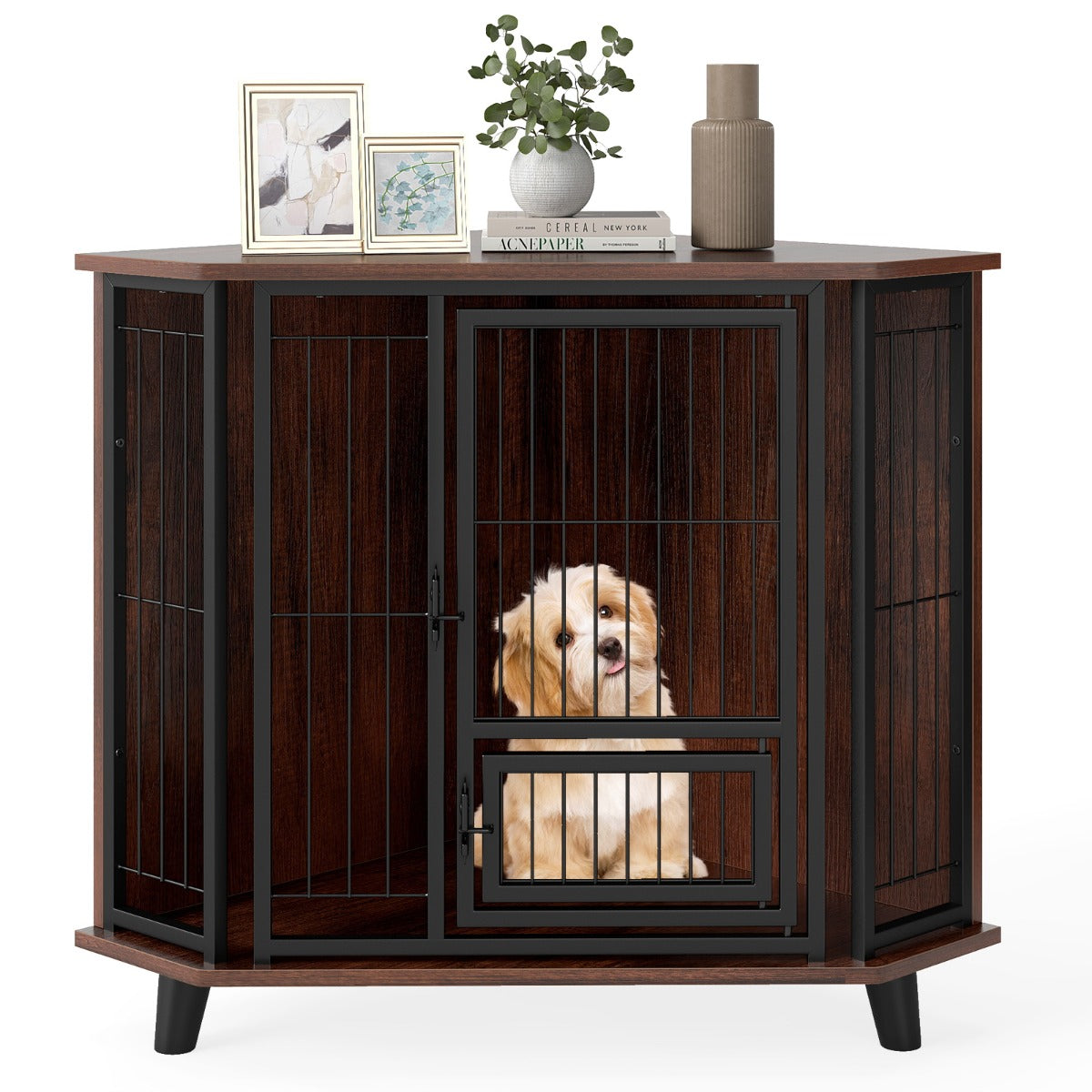 Livsk costway houten hoekhondenhok met afsluitbare deur en voederluik voor kleine tot middelgrote honden