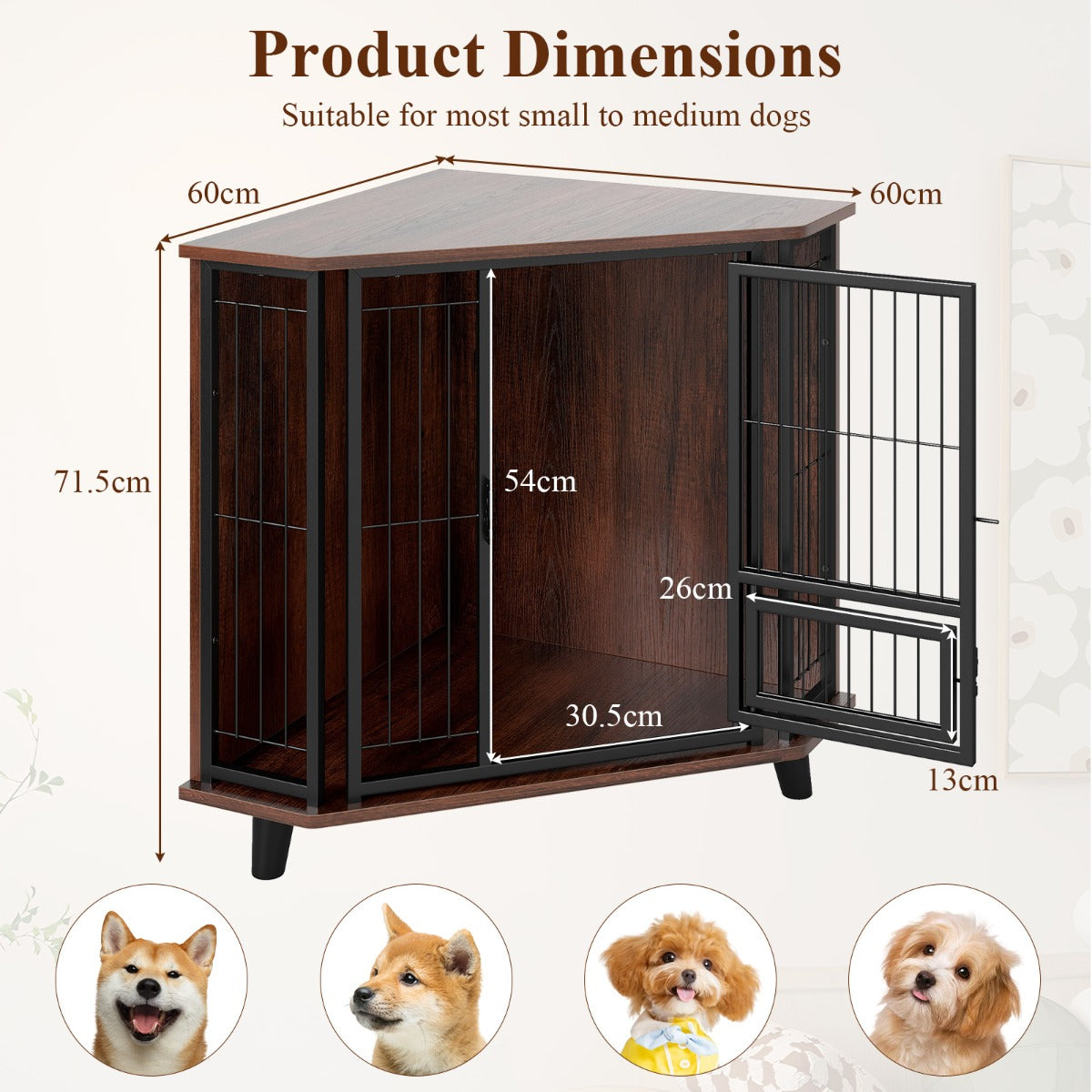 Livsk costway houten hoekhondenhok met afsluitbare deur en voederluik voor kleine tot middelgrote honden 2