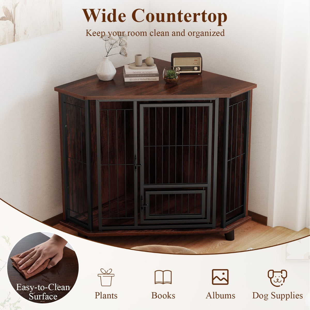 Livsk costway houten hoekhondenhok met afsluitbare deur en voederluik voor kleine tot middelgrote honden 5