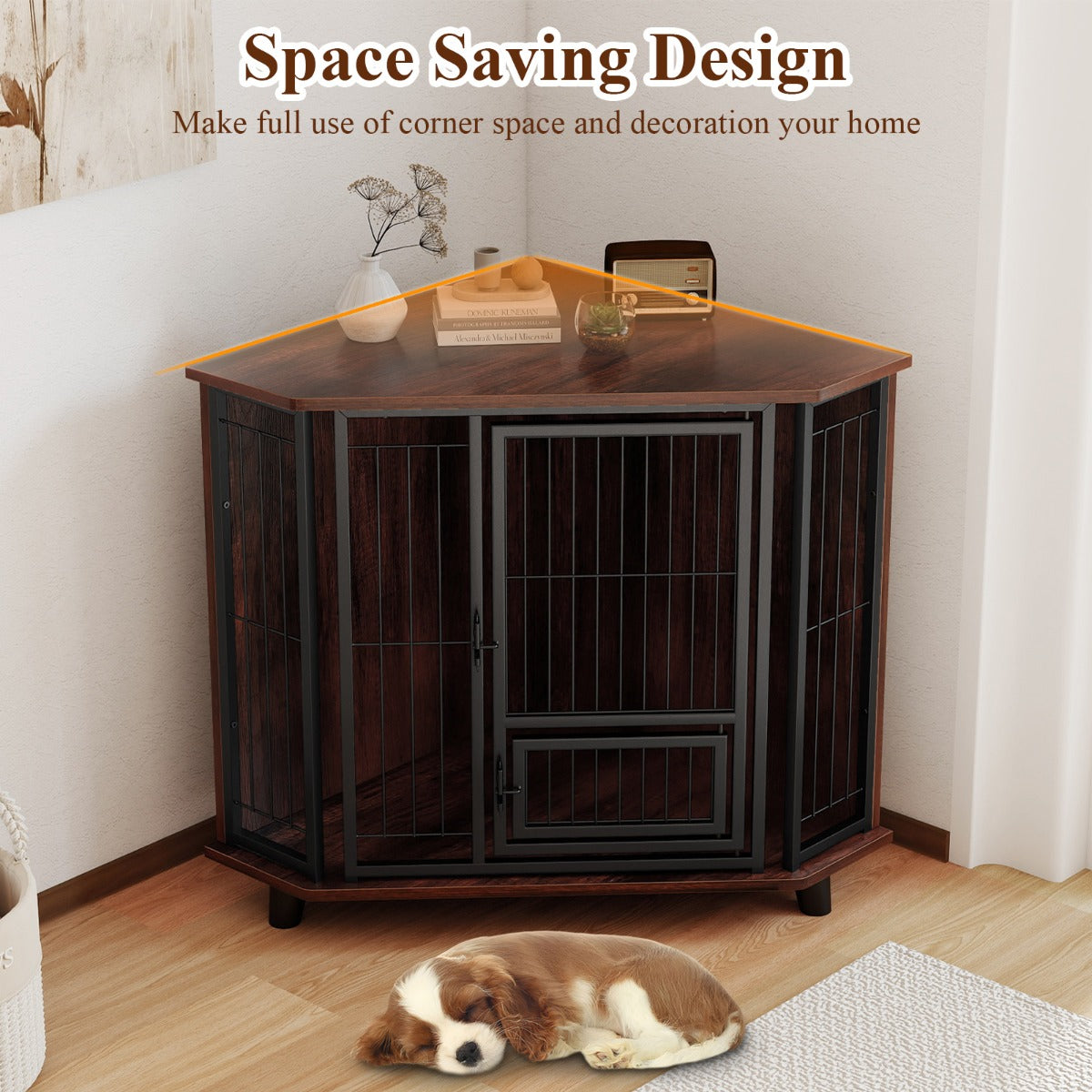 Livsk costway houten hoekhondenhok met afsluitbare deur en voederluik voor kleine tot middelgrote honden 6