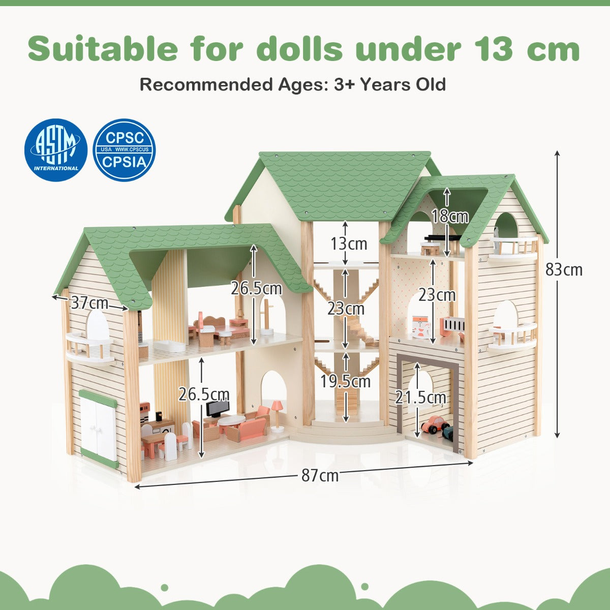 LIVSK Houten Hoekpoppenhuis - 3 Verdiepingen - 6 Kamers - 36 Meubels & Accessoires - Stimuleert Creativiteit - Groen