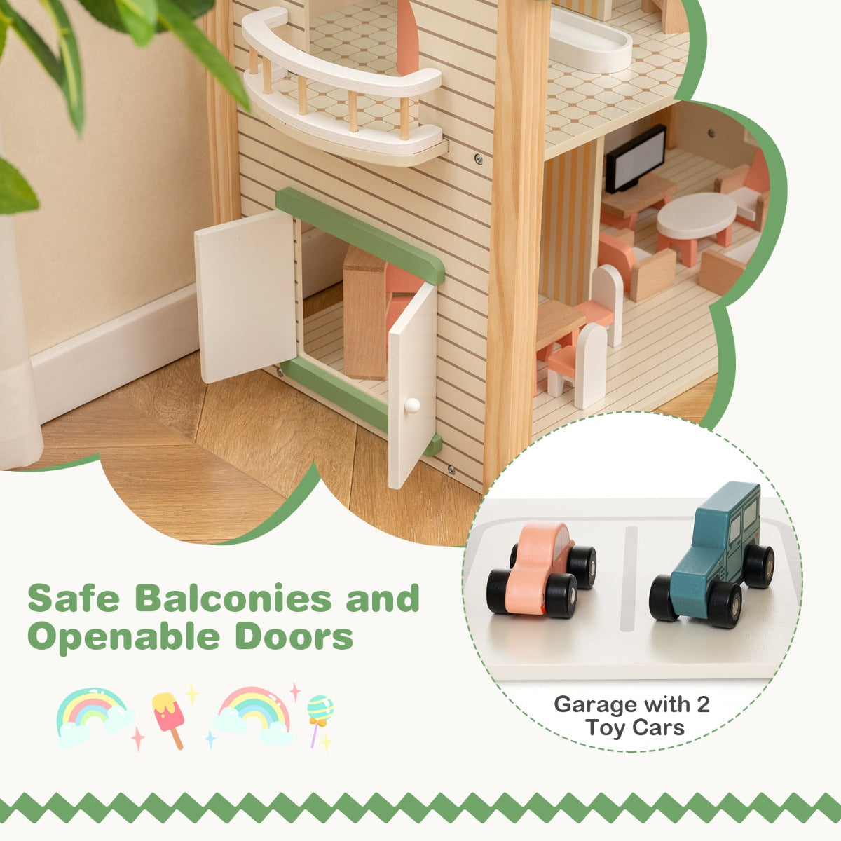 LIVSK Houten Hoekpoppenhuis - 3 Verdiepingen - 6 Kamers - 36 Meubels & Accessoires - Stimuleert Creativiteit - Groen