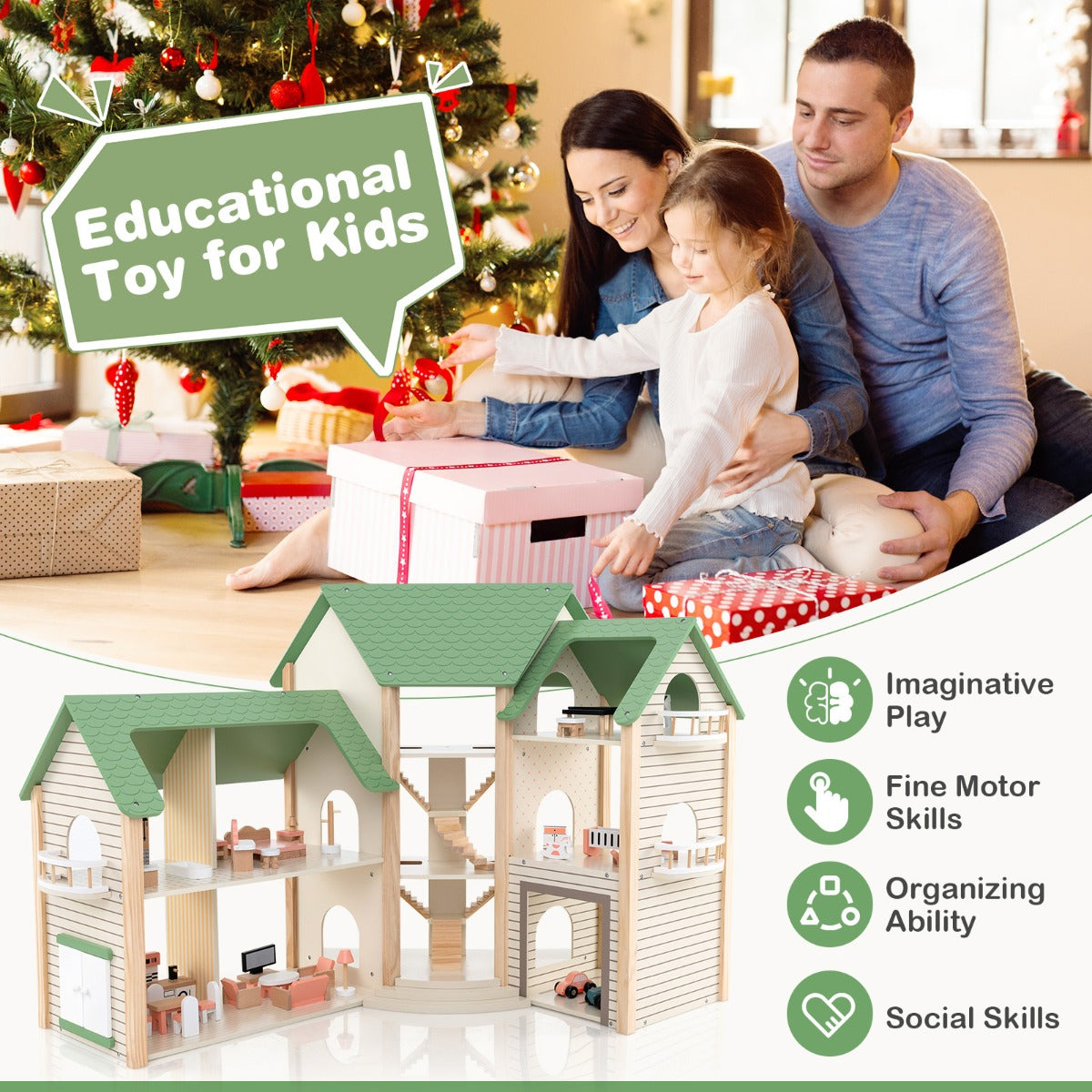 LIVSK Houten Hoekpoppenhuis - 3 Verdiepingen - 6 Kamers - 36 Meubels & Accessoires - Stimuleert Creativiteit - Groen