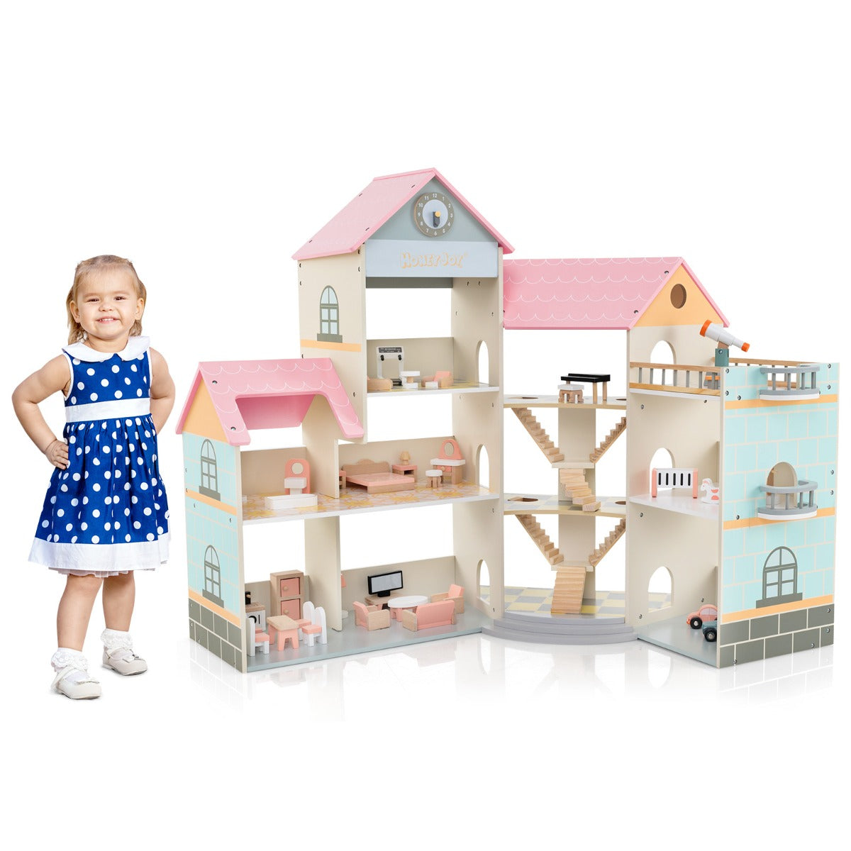 LIVSK Houten Hoekpoppenhuis - 3 Verdiepingen met 41 Meubels - Veilig Grenenhout - Creatief Spel voor Kinderen - Roze