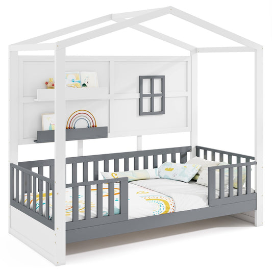 LIVSK Kinderhuisbed van Grenenhout - Veiligheidshek - 2 Opbergplanken - Montessori-geïnspireerd - 206 x 97 x 192 cm - Wit en Grijs