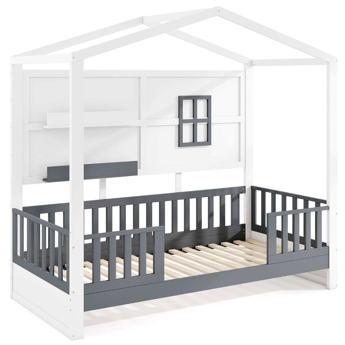 LIVSK Kinderhuisbed van Grenenhout - Veiligheidshek - 2 Opbergplanken - Montessori-geïnspireerd - 206 x 97 x 192 cm - Wit en Grijs