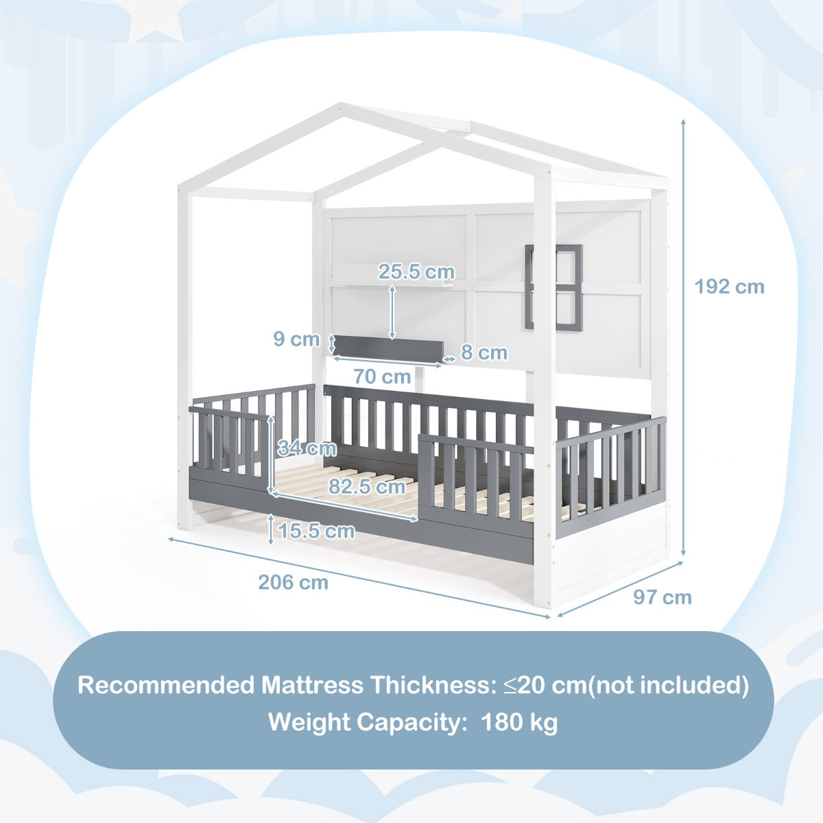 LIVSK Kinderhuisbed van Grenenhout - Veiligheidshek - 2 Opbergplanken - Montessori-geïnspireerd - 206 x 97 x 192 cm - Wit en Grijs