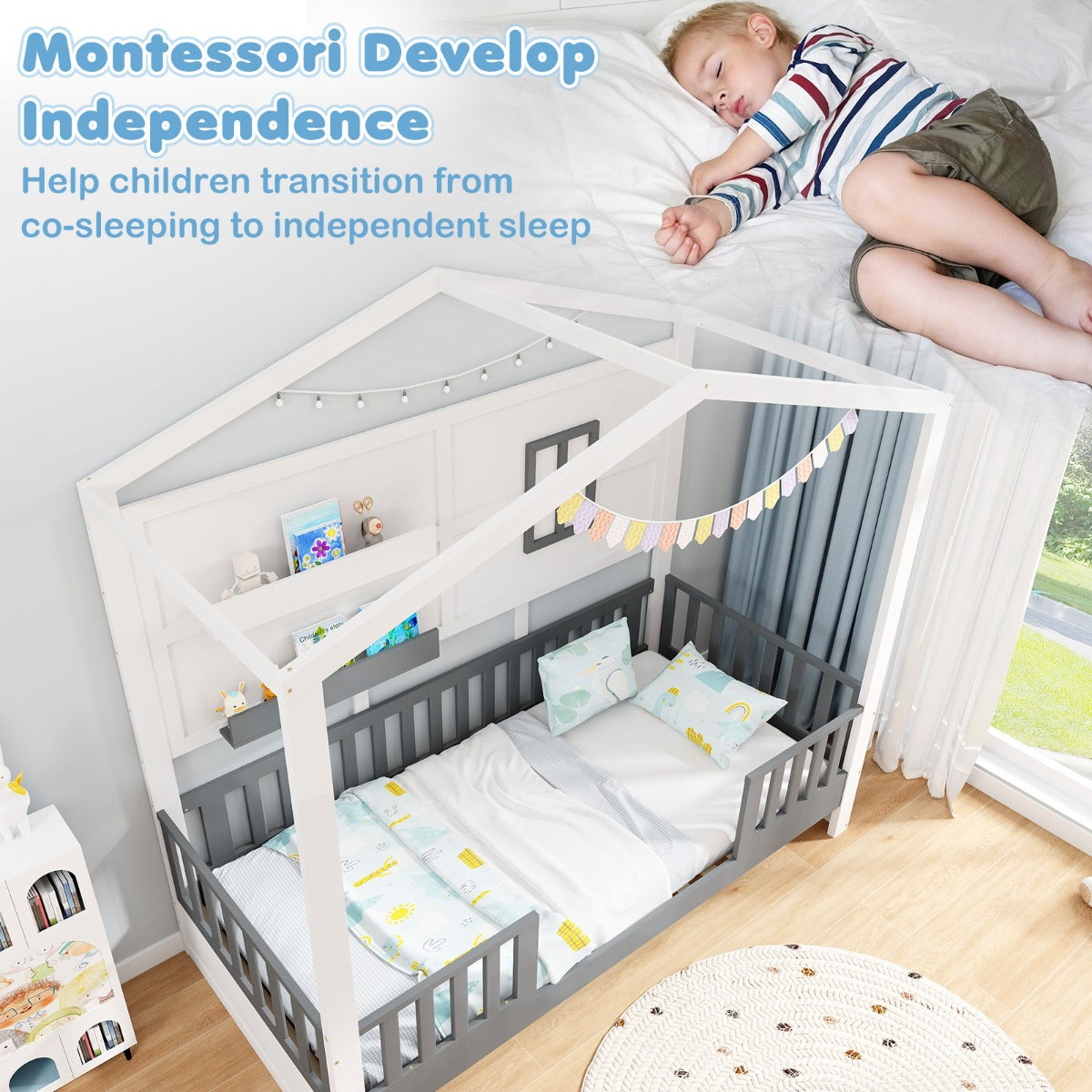 LIVSK Kinderhuisbed van Grenenhout - Veiligheidshek - 2 Opbergplanken - Montessori-geïnspireerd - 206 x 97 x 192 cm - Wit en Grijs