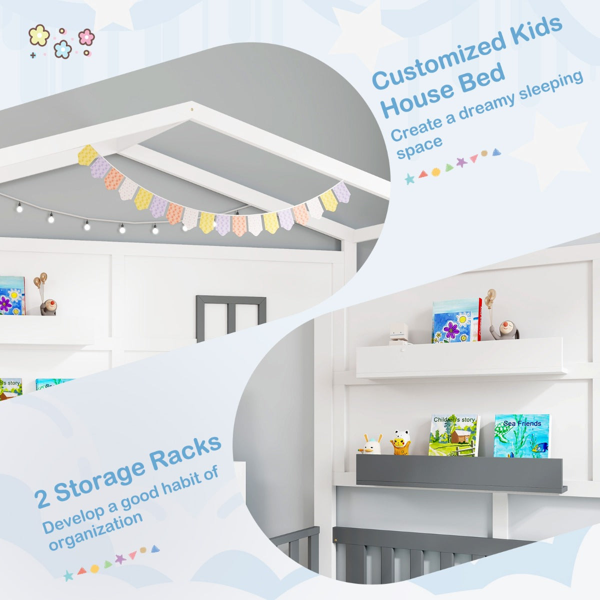 LIVSK Kinderhuisbed van Grenenhout - Veiligheidshek - 2 Opbergplanken - Montessori-geïnspireerd - 206 x 97 x 192 cm - Wit en Grijs