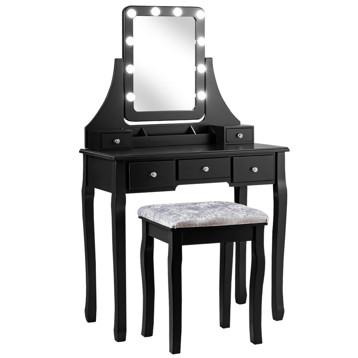 LIVSK Kaptafel met 360° Draaibare Spiegel - 10 LED-lampen - 5 Lades - MDF & Grenenhout - Zwart