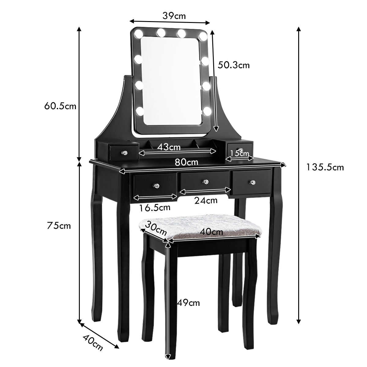 LIVSK Kaptafel met 360° Draaibare Spiegel - 10 LED-lampen - 5 Lades - MDF & Grenenhout - Zwart