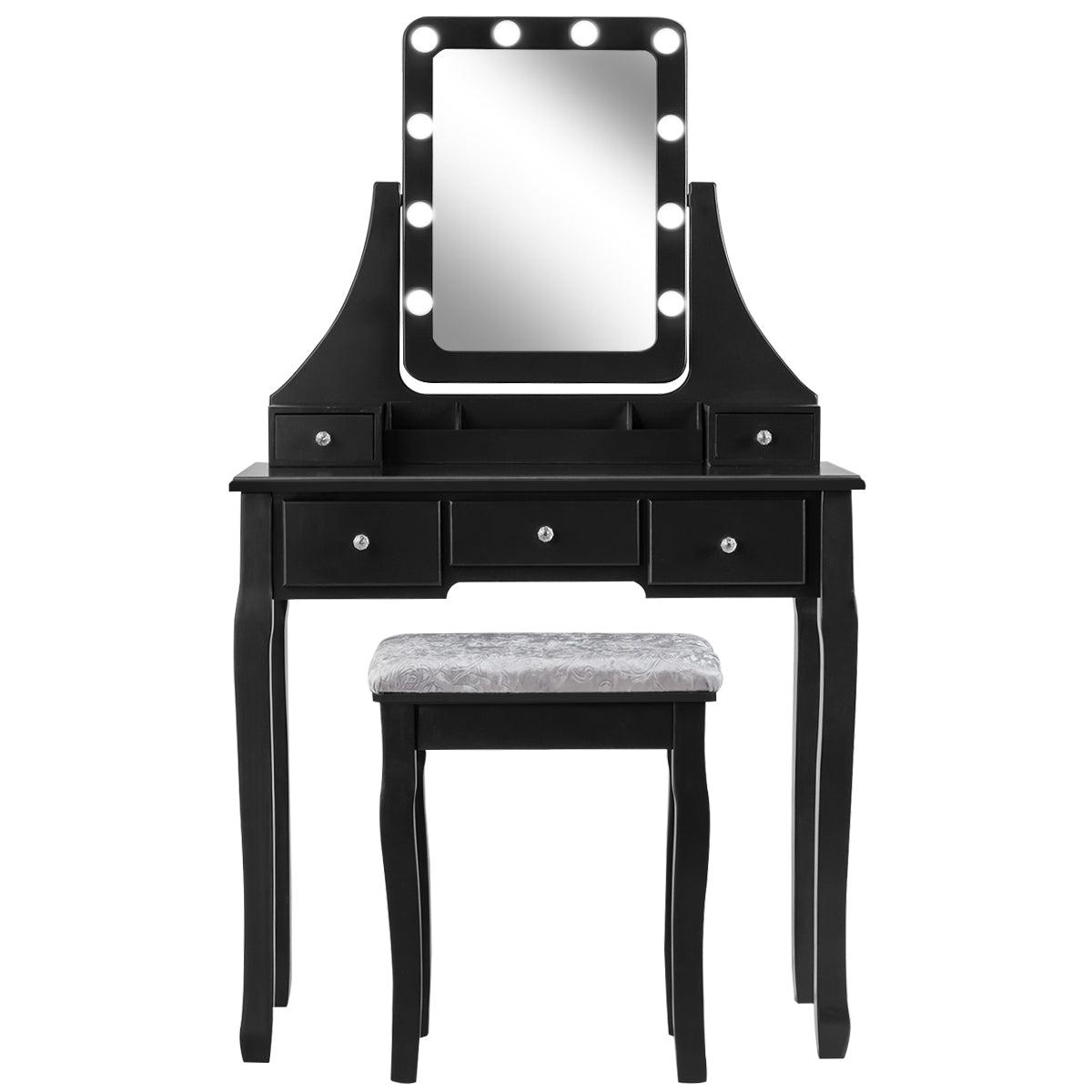 LIVSK Kaptafel met 360° Draaibare Spiegel - 10 LED-lampen - 5 Lades - MDF & Grenenhout - Zwart