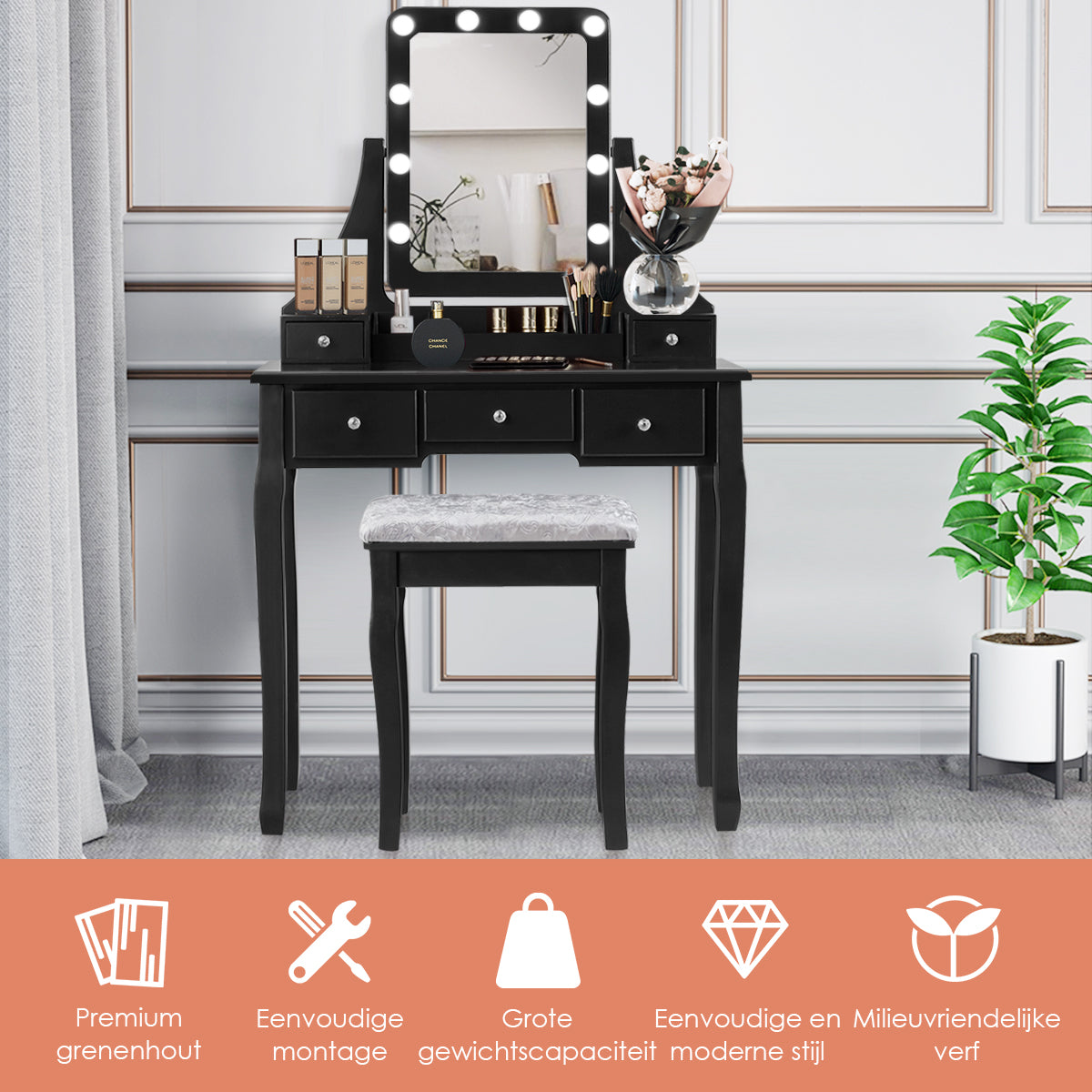 LIVSK Kaptafel met 360° Draaibare Spiegel - 10 LED-lampen - 5 Lades - MDF & Grenenhout - Zwart